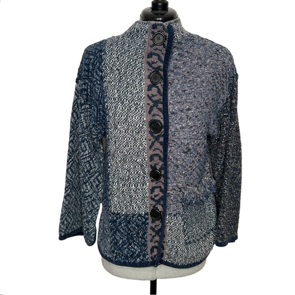 Coldwater Creek Blue/White/Mauve Highly Textured Button-Up Knit Cardigan/Jacket - Picture 1 of 14